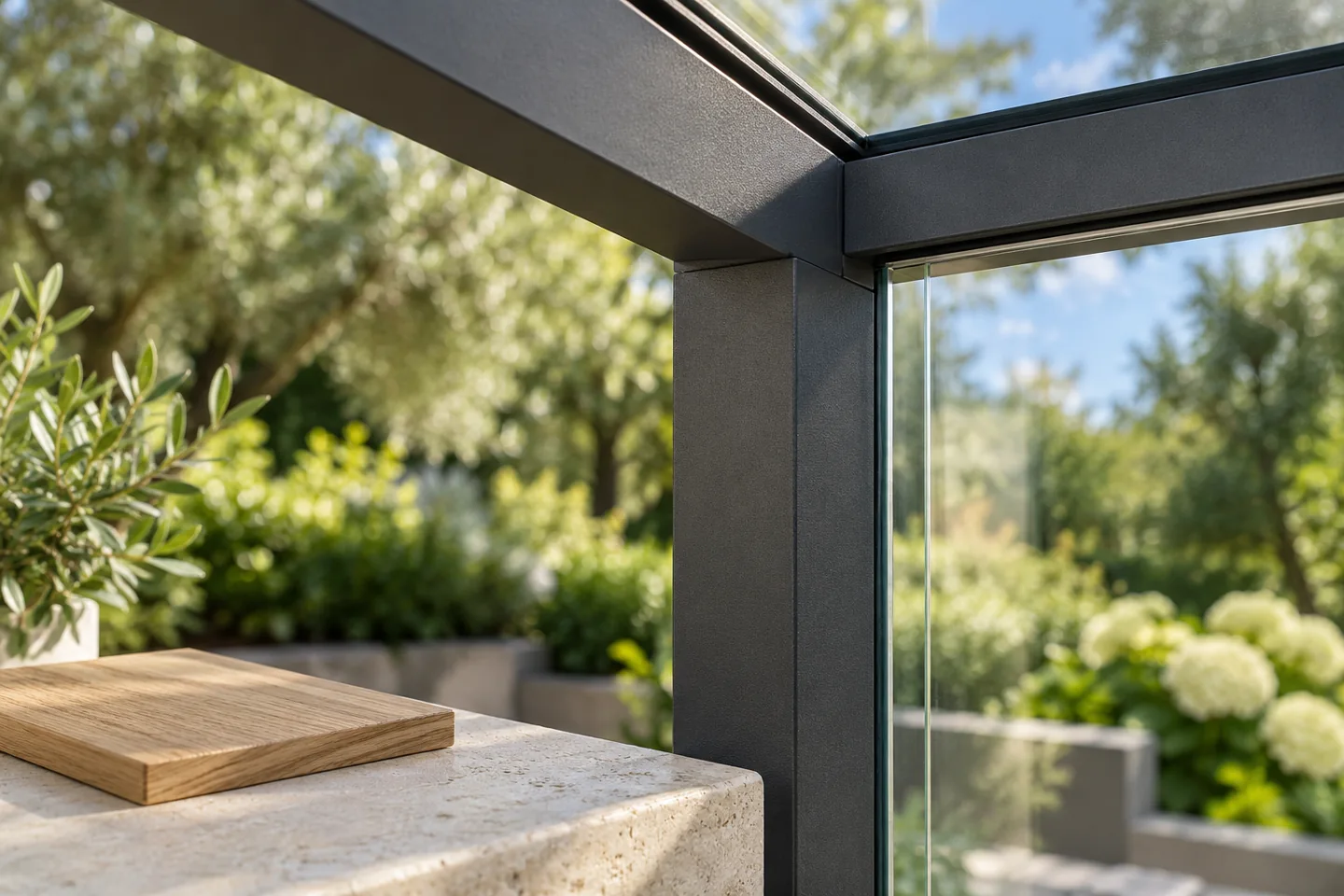 Conceptbeeld van aluminium, glas en materiaalafwerking